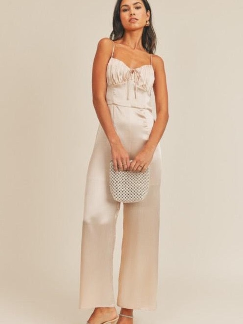 Lush Satin Spaghetti-Strap Jumpsuit in Blush Pink